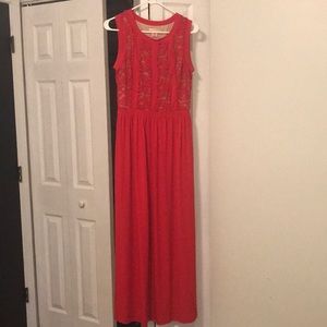 Long Red Dress with Lace Top